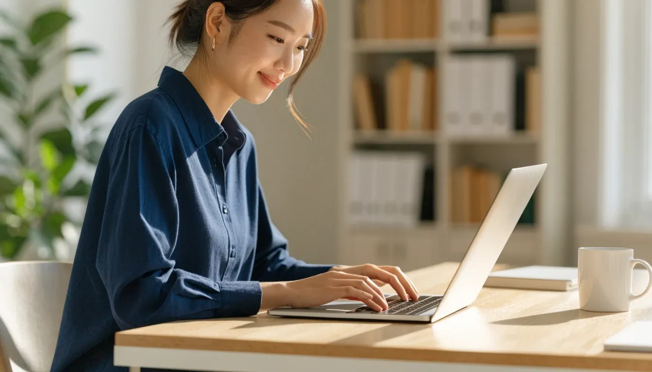 明るい自宅オフィスでノートパソコンに向かう女性