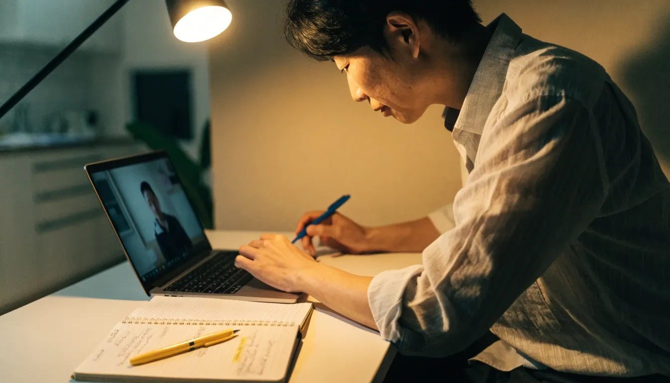 自宅でオンライン講座を受けながらノートを取る社会人